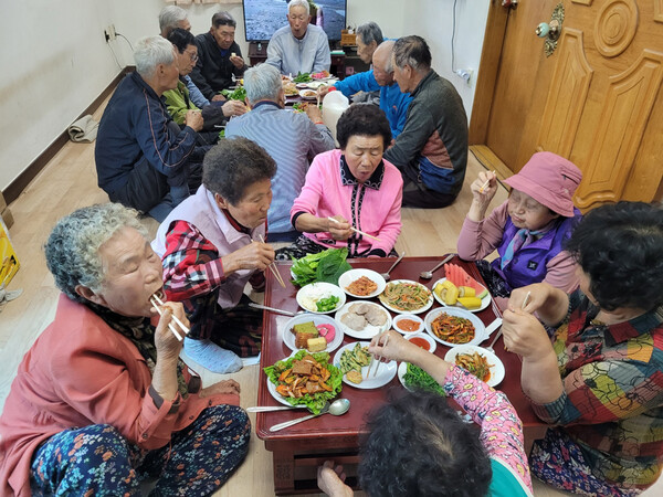 어르신들에게 고기와 빵, 과일과 음료 등 13명의 생활개선회원들이 전날부터 정성껏 준비한 음식을 대접했다.