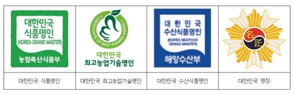 대한민국 명인·명장 공식 표지. 본인이 생산한 농·축산물, 또는 해당 제품에 공식 표지를 부착할 수 있다.