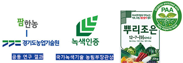 (왼쪽부터) 뿌리발근 촉진제(PAA) 개발 과정, 국가녹색인증, PAA 비료 표기 사례